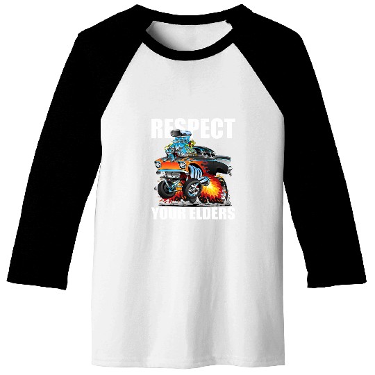 Funny Respect Your Elders Classic Hotrod Muscle Car Cartoon Baseball Tees