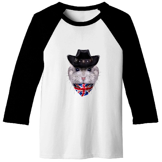 Grey Dwarf Hamster in Cowboy Hat and Union Jack Bandana Baseball Tees