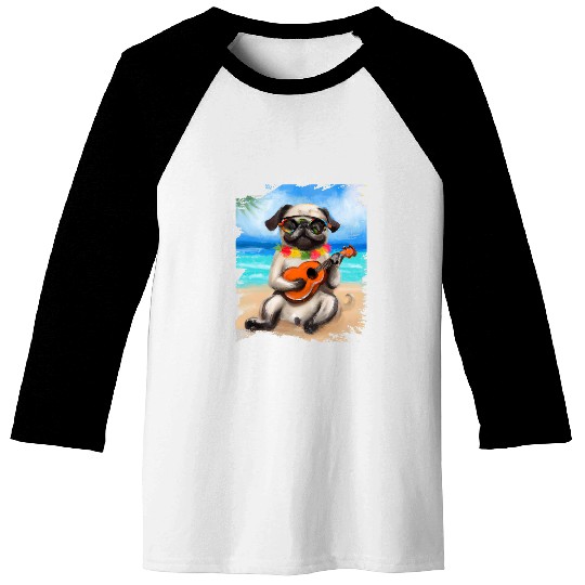 Funny Ukulele Hawaiian Aloha Dog Pug Playing Ukulele Beach Baseball Tees