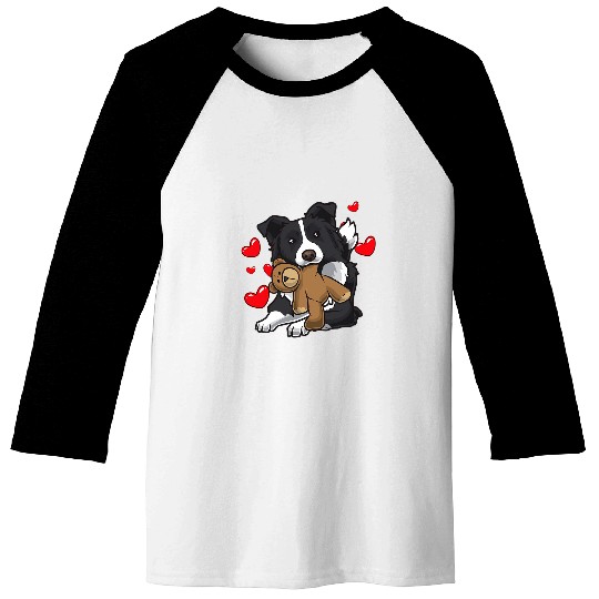 Border Collie Pet with stuffed animal and hearts Baseball Tees
