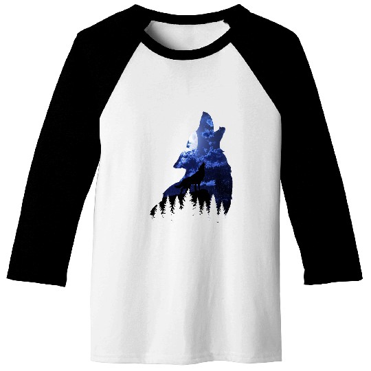 Coyote Mammal Cool Howling wolfs on cliff moon light blue night sky nature Baseball Tees