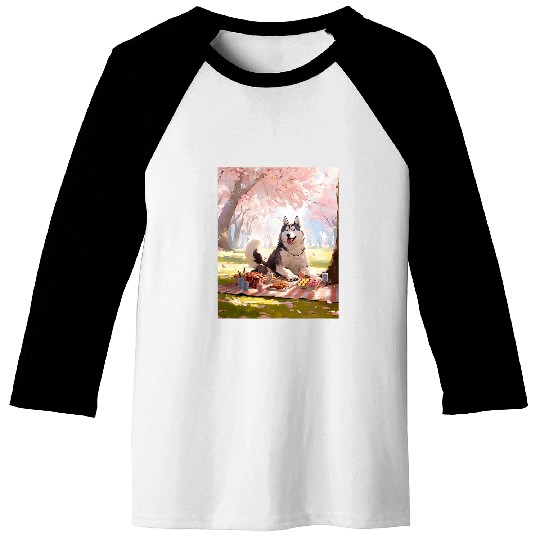 Husky Pet Cherry Blossom Funny Dog Picnic Baseball Tees