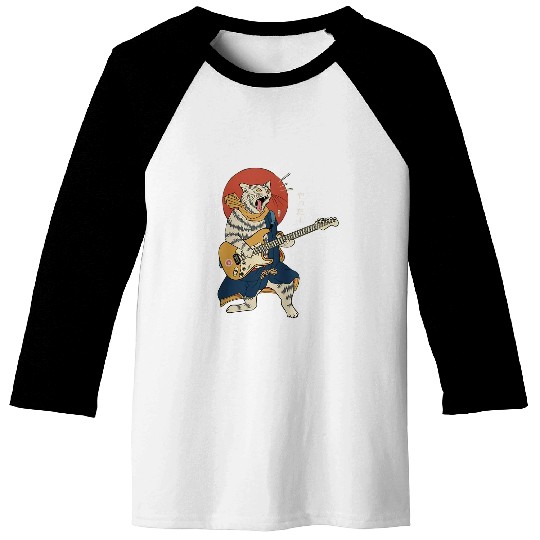 Funny Guitar Cat Playing Guitar Ukiyoe Samurai Japanese Warrior Baseball Tees