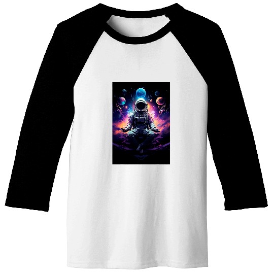 Astronaut In Lotus Pose Holding Space Objects Baseball Tees