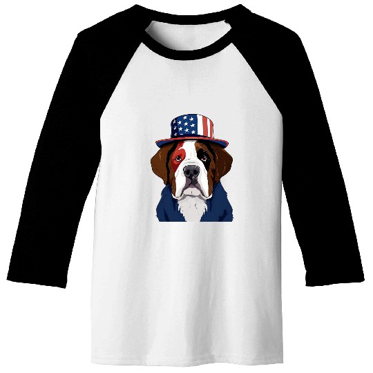 Saint Bernard with USA Flag American Independence Day Baseball Tees