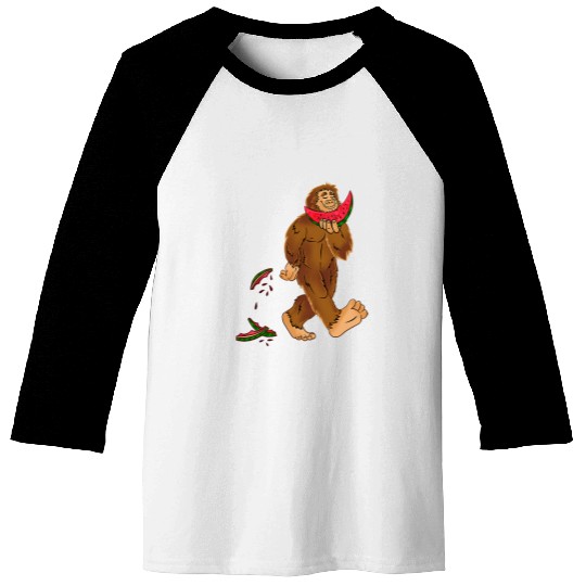 Bigfoot Pet Eating Watermelon Lover Illustration Baseball Tees