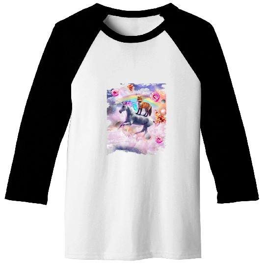 Unicorn Pet Fox Riding Unicorn Rainbow Pizza Donut In Clouds Baseball Tees