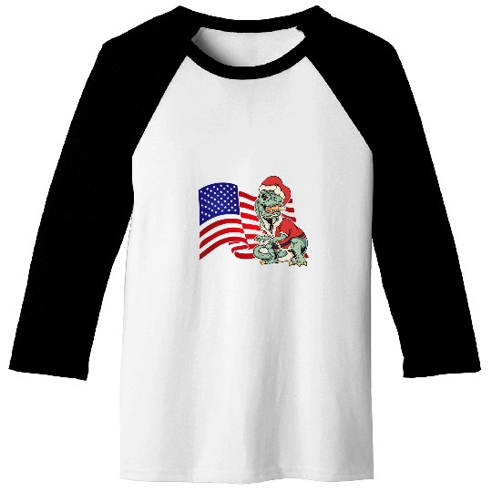 Dinosaur Pet Trex Santa Claus Waving American Flag Baseball Tees