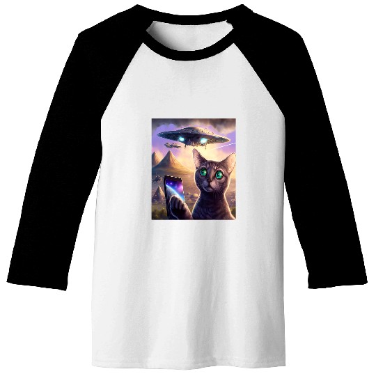 Aliens UFO Funny Cat Selfie Galaxy Cat Baseball Tees