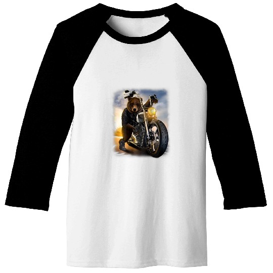 Grizzly Bear Riding Chopper Motorcycle Baseball Tees