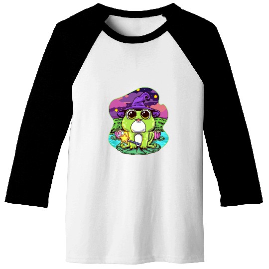 Frog Pet Wizard Sitting On A Water Lily Pad Holding Magic Wand Baseball Tees