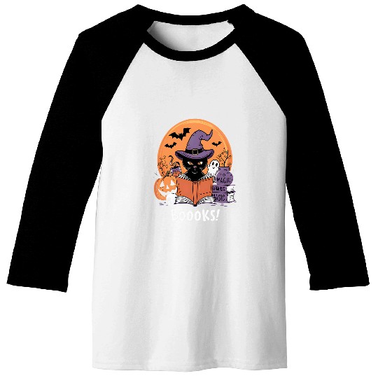 Book Fun Halloween Booooks ghosts and Black Cat Cute Baseball Tees