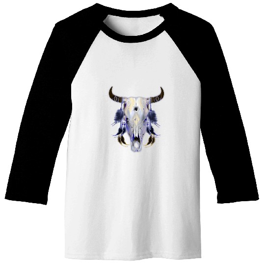 Cow Pet NATIVE AMERICAN DECORATED COW SKULL WITH FEATHERS Baseball Tees