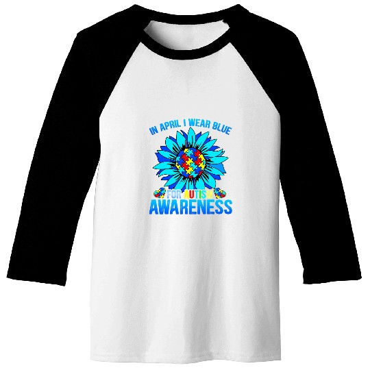 Autism Puzzle Sunflower In April We Wear Blue Baseball Tees