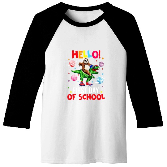 Sloth Pet Hello First Day Of School Funny Sloth Riding Trex Student Baseball Tees