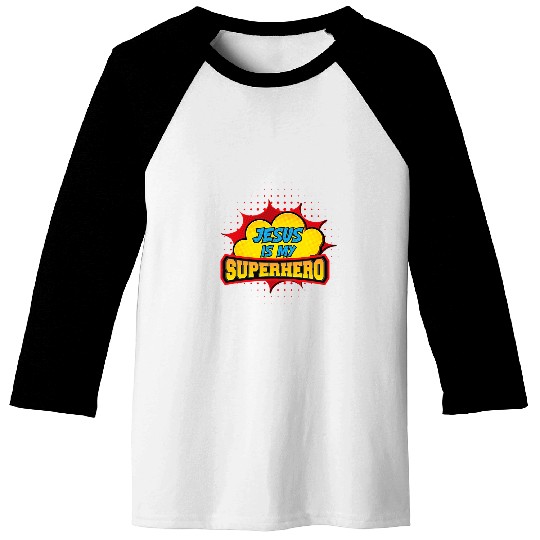 Book Fun Jesus is My Superhero Fun Comic Book Style Faith Baseball Tees