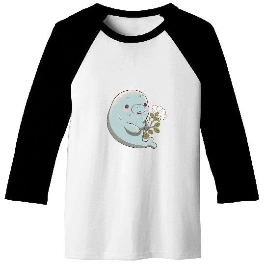 Manatee Pet Blushing Manatee Adorable Light Blue Manatee with a Flower Baseball Tees