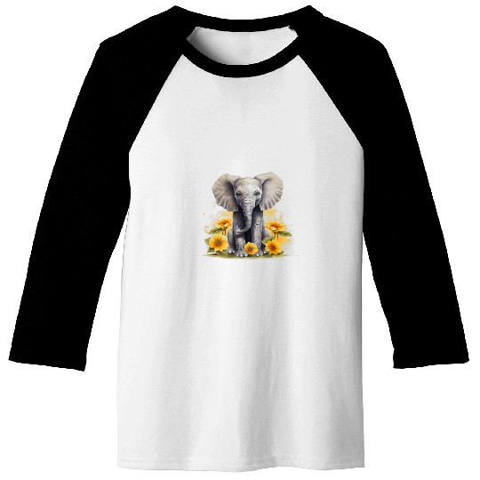 Elephant Mammal Cute Baby Elephant Surrounded By Beautiful Sunflower Baseball Tees