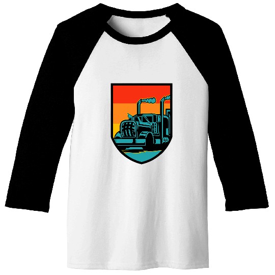 Truck Fun 18 Wheeler Retro Sunset Shield Baseball Tees