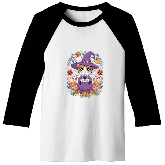 Coffee Fun Halloween Cute Witch Cat with Coffee Mug Kawaii Cat Witch Baseball Tees