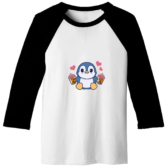 Penguin Pet Cute Kawaii Penguin With Bubble Tea Anime Boba Tea Baseball Tees