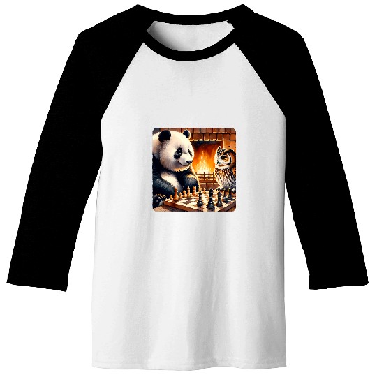 Panda Pet Playing Chess With Owl By Fireplace Cozy Strategy Baseball Tees