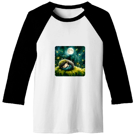 Hedgehog Pet Sleeping On Moss Fireflies Around Sleep Moss Baseball Tees