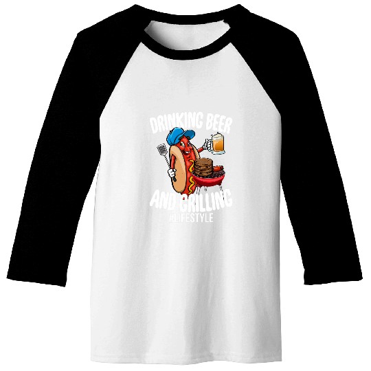 Beer Fun And Grilling Men BBQ Hot Dog Baseball Tees