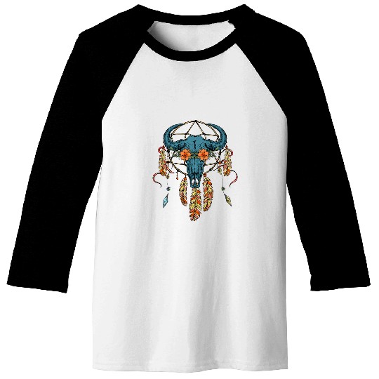 Bull Skull Dream Catcher Western American Indian Design Baseball Tees