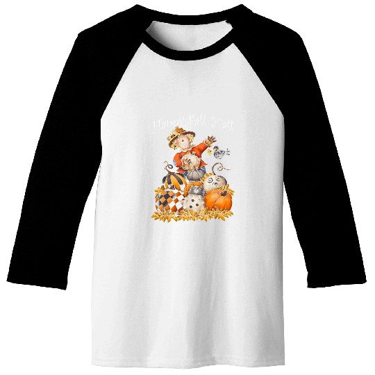 Scarecrow Happy Fall Yall Pumpkin Thanksgiving Halloween 1 Baseball Tees