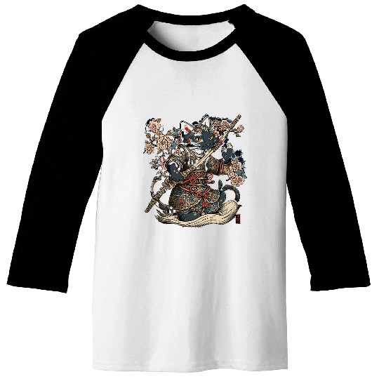 Japanese Samurai Cat Tattoo vintages Kawaii Ninja Baseball Tees