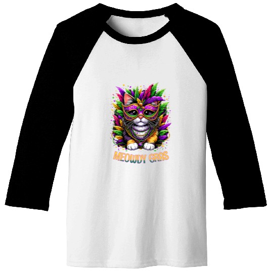 Meowdy Gras Cat Kitten Masquerade Mardi Gras Beads Baseball Tees