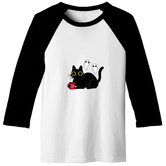 Coffee Fun black cats with Coffee Doing Black Magic with Ghosts Baseball Tees