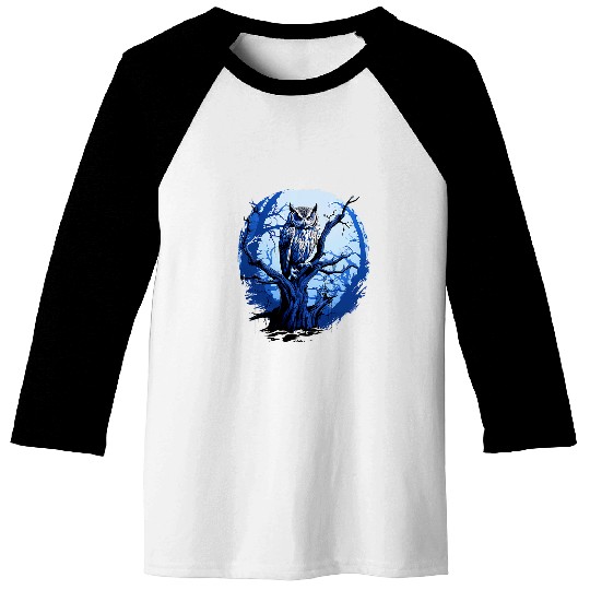 Owl Pet Twilight Blue Impressionist Owl on Skeletal Tree Baseball Tees