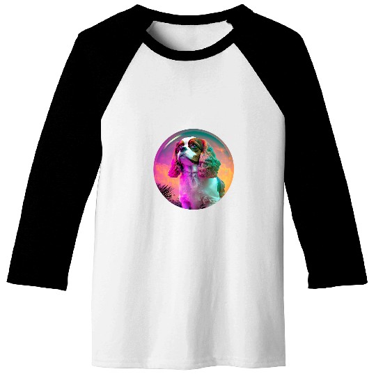 Cavalier King Charles Spaniel Synthwave 80s Aesthetic Baseball Tees