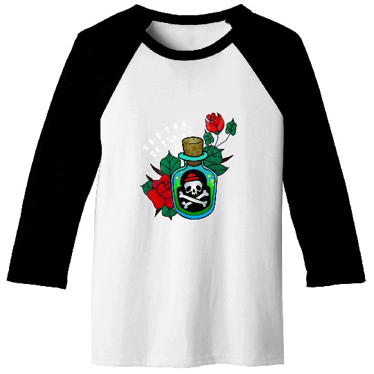 Poison Bottle Skull and Roses Tattoo Baseball Tees