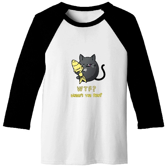 WTF Wheres The Fish Funny Fishing Black Cat Baseball Tees