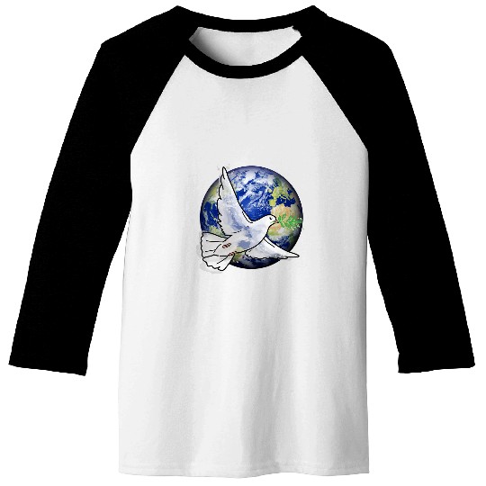 World Peace White Dove Olive Branch Flying Over Planet Earth Baseball Tees
