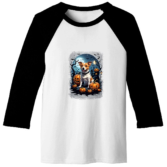 Cute Jack Russell A Spooky Haunted House Full Moon Baseball Tees