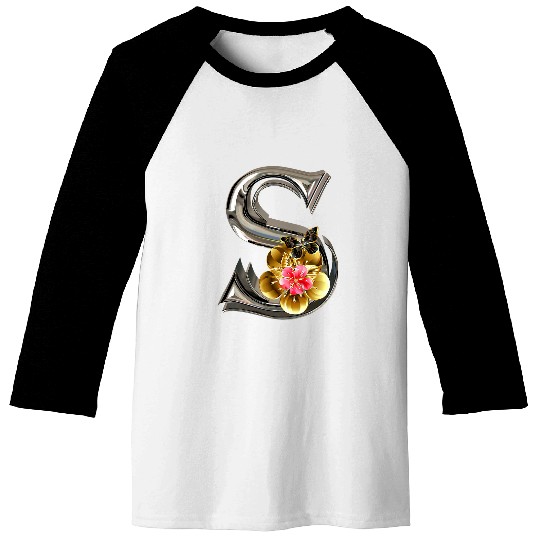 Initial Letter S Monogram Pink Sakura Flowers and Butterfly Baseball Tees