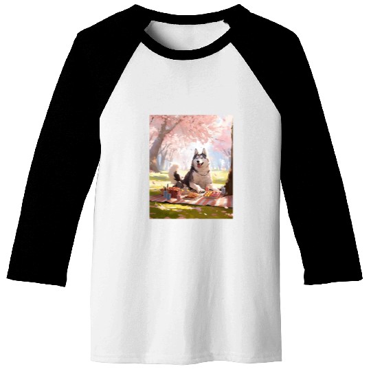 Husky Cherry Blossom Funny Dog Picnic Baseball Tees