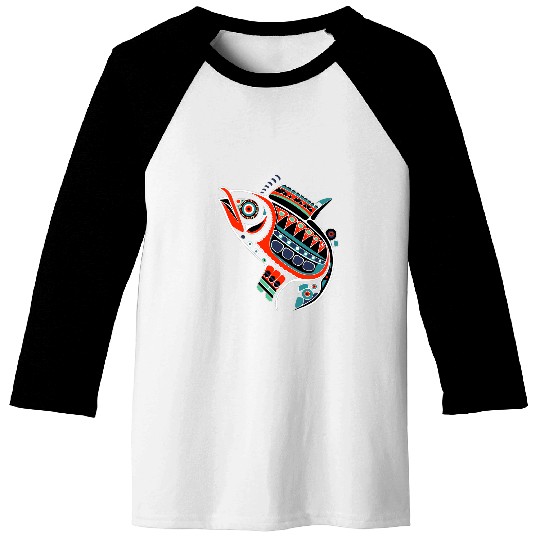 Salmon Fish in Abstract North American Plains Style Baseball Tees