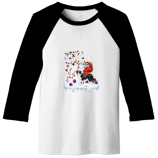 Santa Riding Border Collie Dog Tree Lights Border Collie Fun Baseball Tees