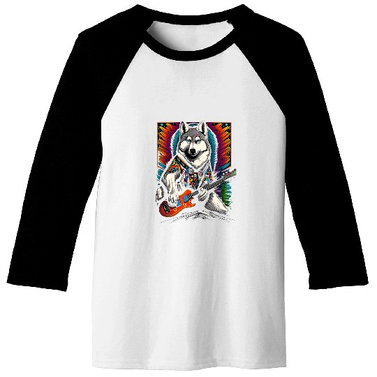 Siberian Husky Playing Electric Guitar Guitarist Dog Lover Baseball Tees