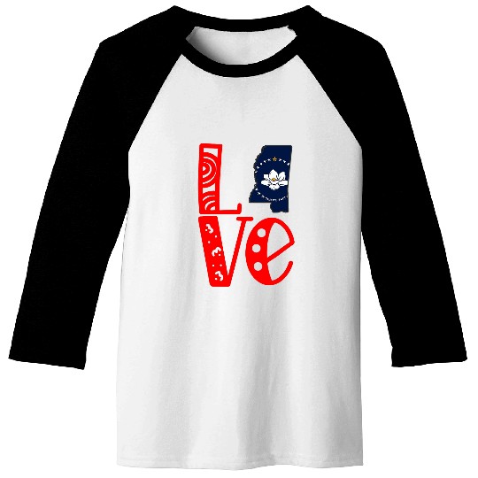 Love Mississippi in Art Block Letters Baseball Tees