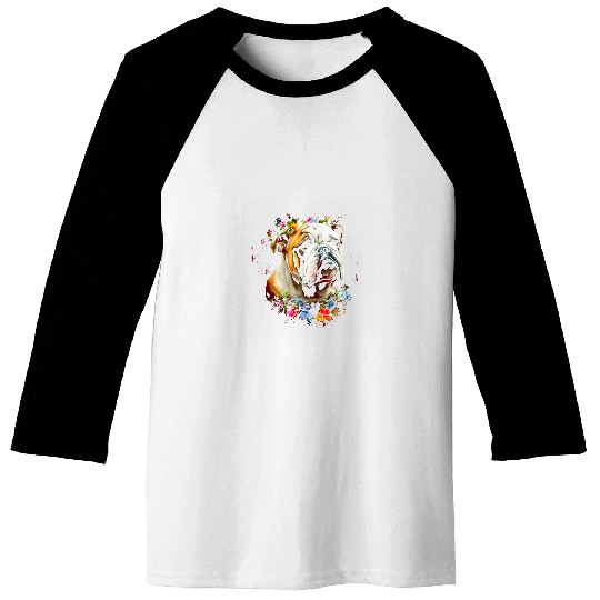 Watercolor English Bulldog with flowers Baseball Tees