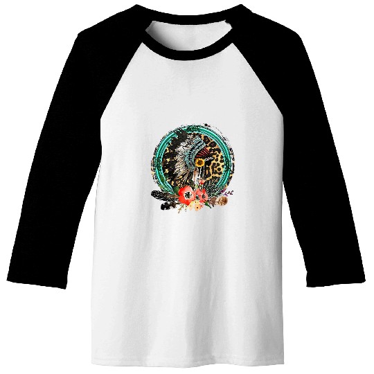 Western Bohemian Boho Leopard Native American Headdress Baseball Tees