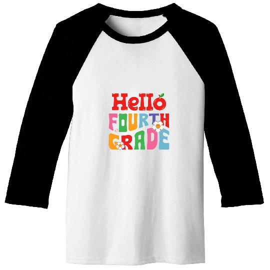 Hello Fourth Grade Groovy Back to School Teacher Kids Baseball Tees