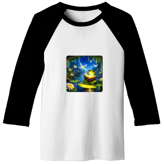 Frog Reading Fairy Tale Book With Fireflies Magical Pond Baseball Tees