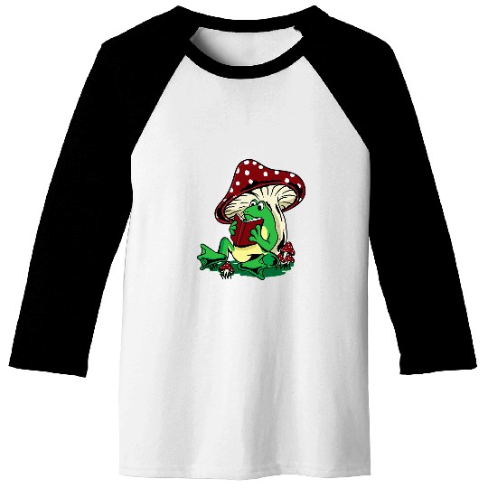 Cottagecore Aesthetic Kawaii Frog Reading A Book Mushroom Baseball Tees
